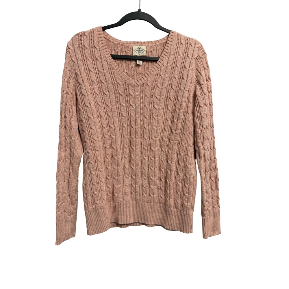 St. Johns Bay Pink Metallic Cable Knit V-Neck Sweater Large Long Sleeve Fairy